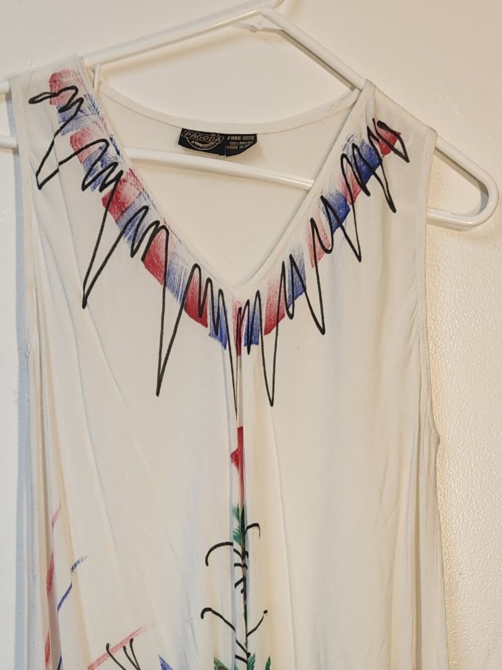 Vintage Pagoda 100 rayon free size ivory sundress brush strokes print Beachy